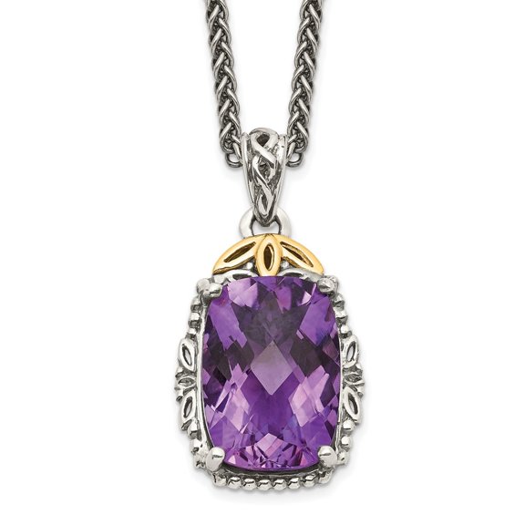 Diamond2Deal 925 Sterling Silver with 14K Accent Antiqued Cushion Amethyst Necklace for Women 18"
