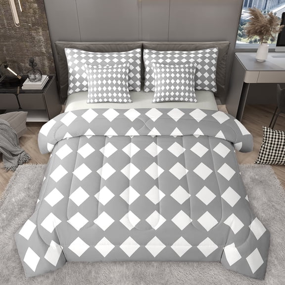 Homewish Geometric Rhombus Textured 7-Piece Twin Bedding Sets,Minimalism Desgin Bedding Comforter Set,Gray White Sheet Sets For Adult,Microfiber Bedroom Decor Reversible