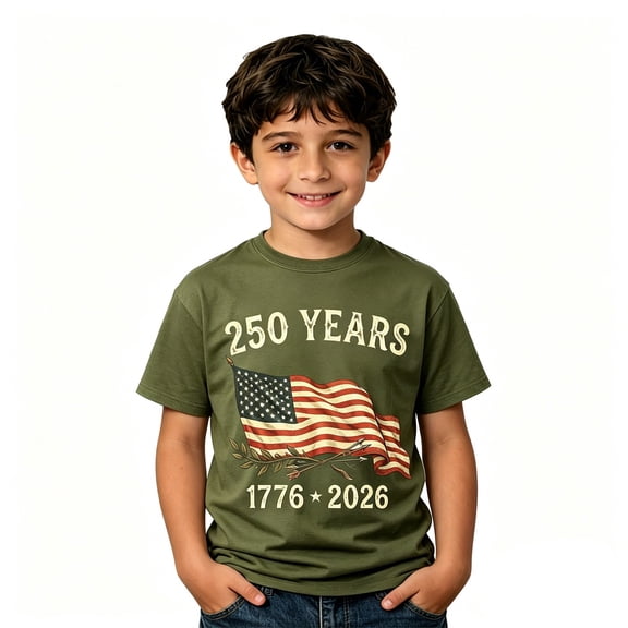 Boys 250 Anniversary USA Shirt 4th of July Flag Tees 1776-2026 250th Years Patriotic Shorts Sleeve T-Shirt for Boys (Army Green 2-3 Years)
