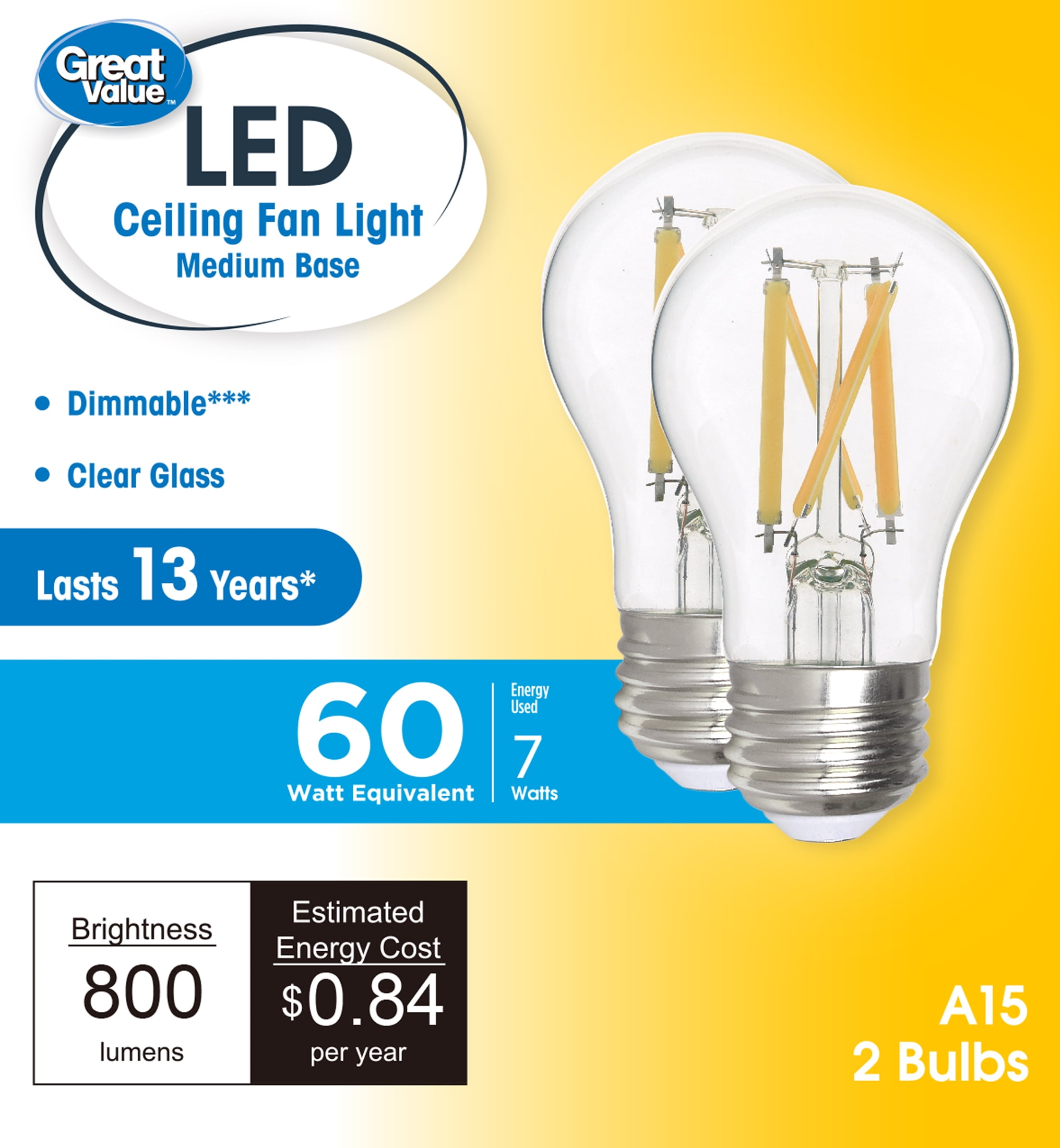 (2 pack) Great Value A15 LED 7W (60W Equivalent) Soft White Ceiling Fan E26 Medium Base Light Bulbs, Dimmable, 2 Pack