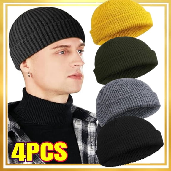 4 Pack Fisherman Beanies for Men, Short Knit Watch Cap Cuffed Trawler Hats Women Unisex