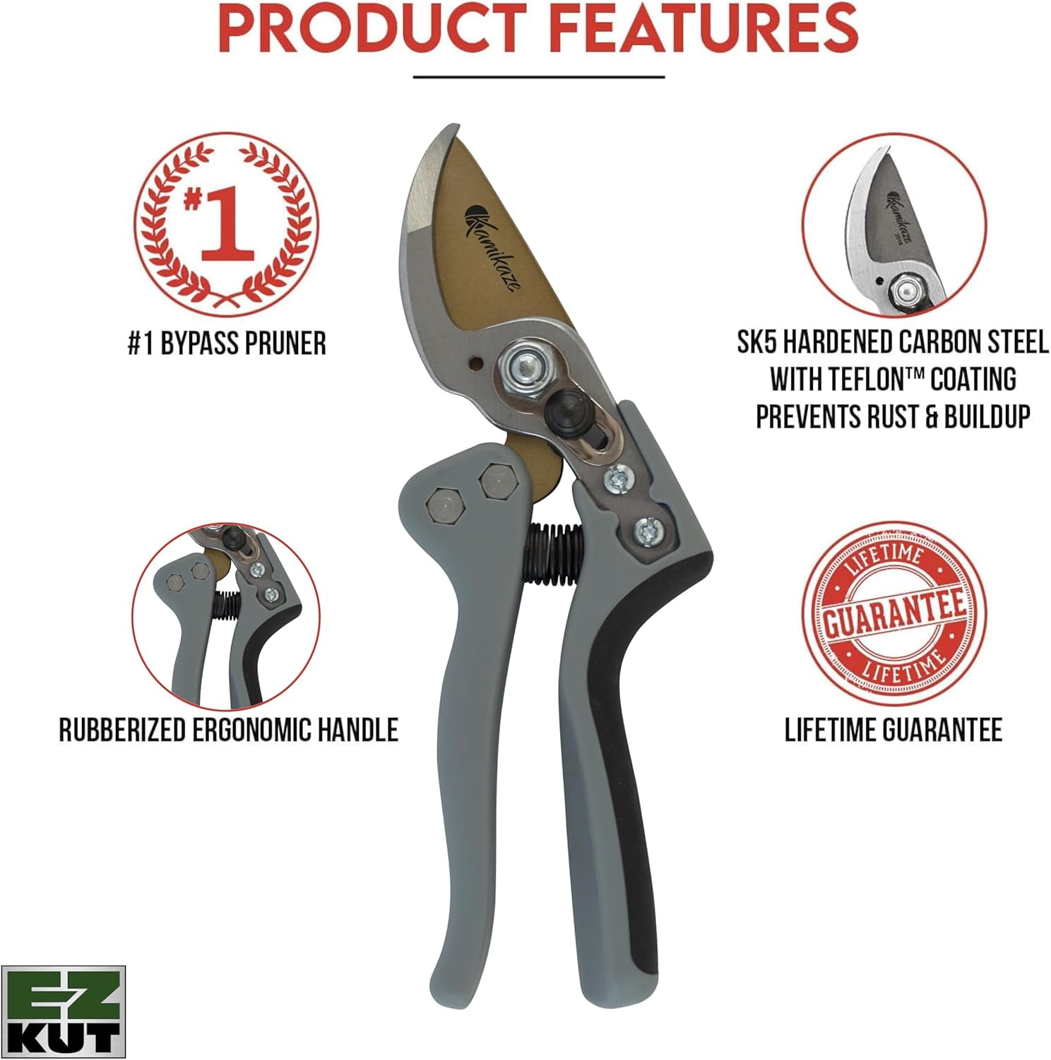 EZ Kut Kamikaze Force Bypass Pruning Shears Heavy Duty - Best Pruners for Gardening and Gardening Gifts for Women and Men - Gardening Hand Tools with a since 1988