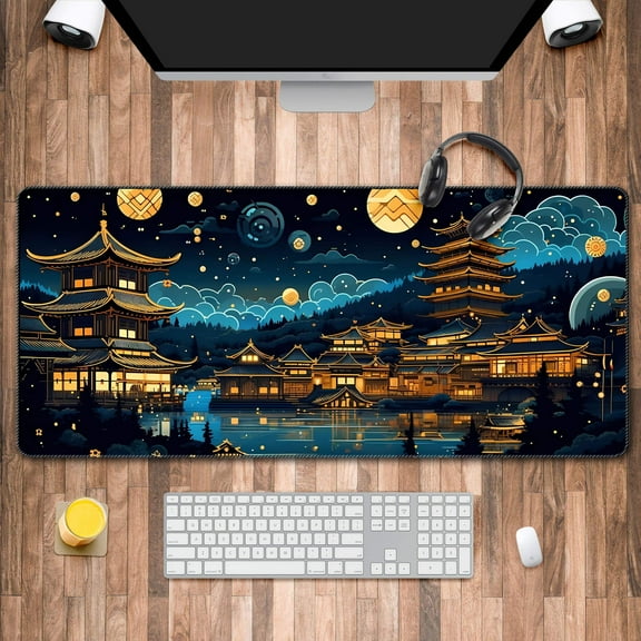 Dreamscape Desk Mat, Ancient Village And Lake Design, Golden Black And Azure, Desktop Accessory, Orient Scene Office Mouse Pad XXL XL, Large Keyboard Laptop Mat Pad, Desktop Mat Pad, Desk Setup