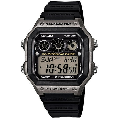 Men's Classic Digital Watch with Black Resin Strap with Grey Accents