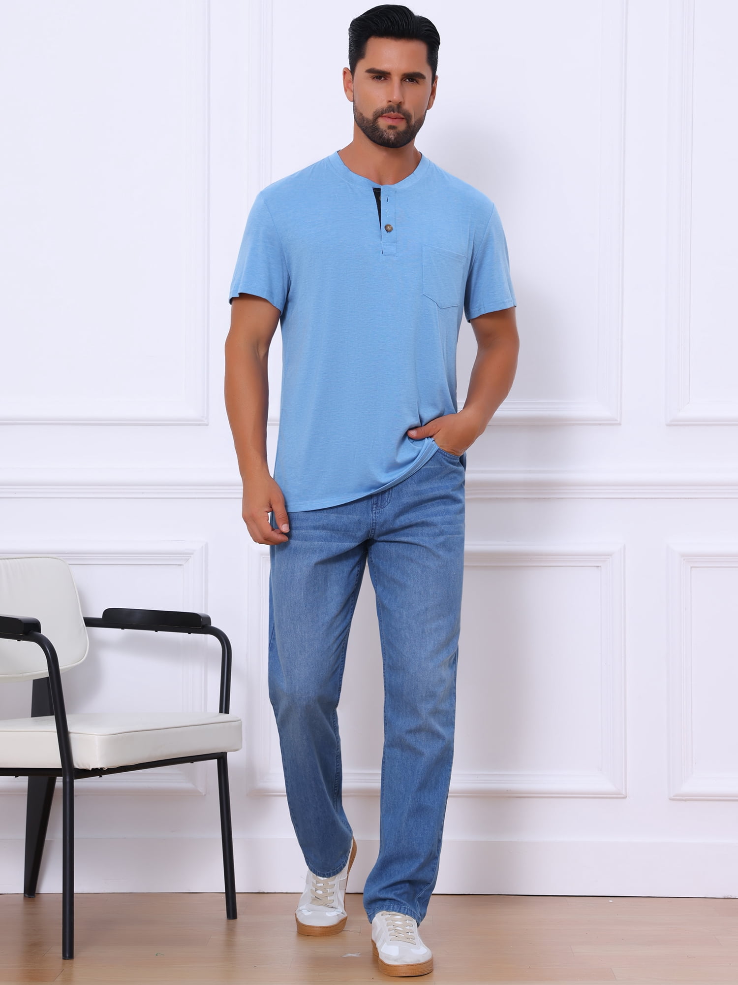 DARING DIVA Men's Casual Summer Short Sleeves Button Henley Basic Tee 2XL Light Blue