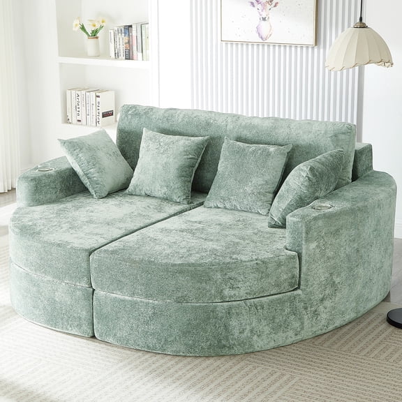 Full-Compressed Chaise Sofa 80" Curved Chaise Lounge Sofa Boneless Couch Upholstered Sofa Bed with Two Cup Holders for Living Room (Green)