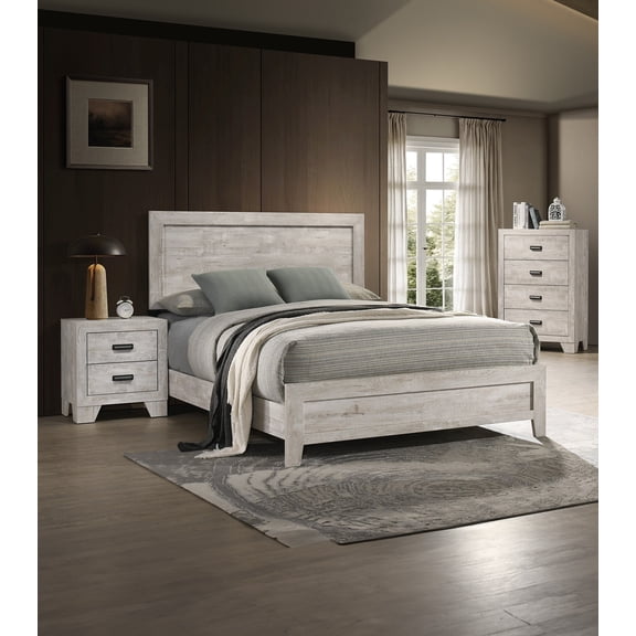 3pc Queen Size Panel Bed Chest Nightstand Set Whitewashed Wood Finish Furniture