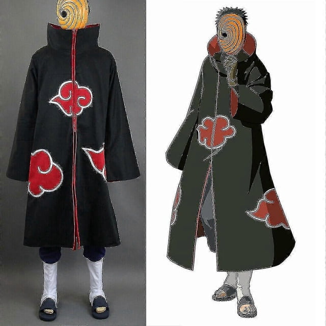naruto akatsuki tobi uchiha obito robe cloak coat + resin mask cosplay-1 Capa Akatsuki negra con cuello alto mostrada frontal sobre un soporte, largo hasta la pantorrilla con nubes rojas cosidas en borde blanco y ribete rojo en la cremallera; máscara naranja de resina/latex aprox. 19 x 16 cm incluida, adecuada para cosplay y accesorios para disfraces.