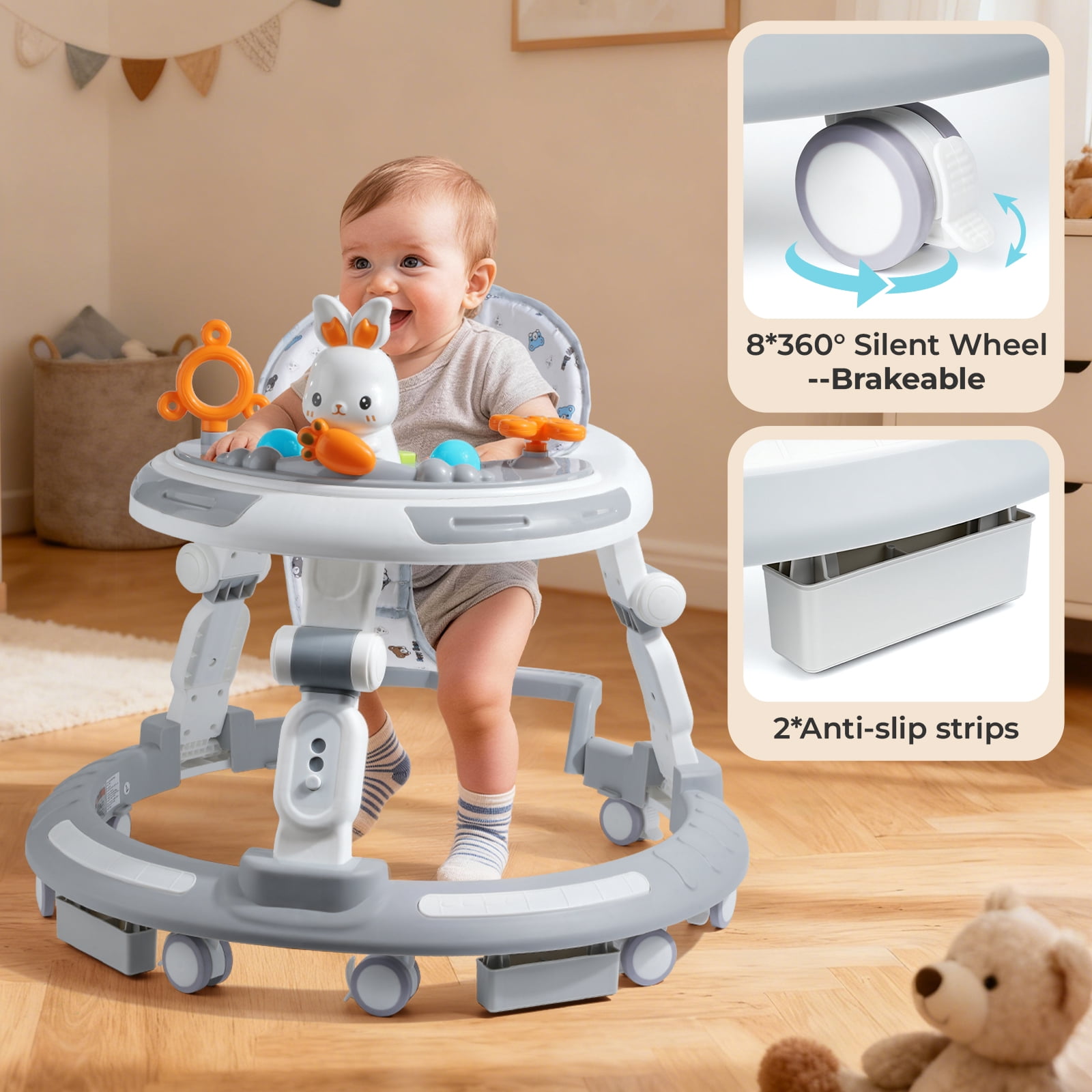 4-in-1 Adjustable Baby Walker & Activity Center, Foldable with 8 Silent Wheels, Removable Toy Tray - Convertible Learning Walker, Dining Chair, Self-Walker for Toddlers 6+ Months