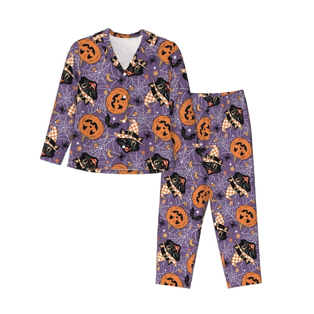 Balery Vintage Halloween Black Cat Conjunto de Pijama con Estampado para Mujer, Conjunto de Dos Piezas con Manga Larga, Ropa de Dormir Suave con Bolsillos, Pijamas Cómodos-X-Large