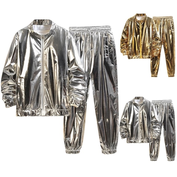 mihongmao Summer 2 Piece Lounge Set Men Jogger Sets Solid Color Men's Shiny Performance Suit Loose Performance Long Pants Long Sleeved Stand Up Collar Top/shirt Set Silver 3X