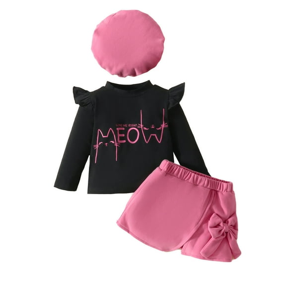 Lovskoo Toddler Newborn Baby Girls Clothes 3Pcs Long Sleeve Pullover Tops Solid Mini Skirt Hat Fall Winter Set Black