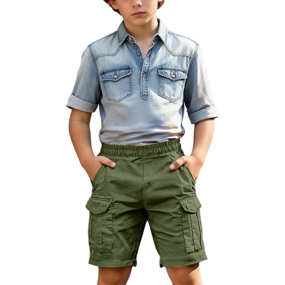 ZLBDYG Teen Boys Cotton Cargo Shorts Summer Casual Elastic Waist Hiking Shorts Kids Athletic Knee Length Shorts with Multi Pockets