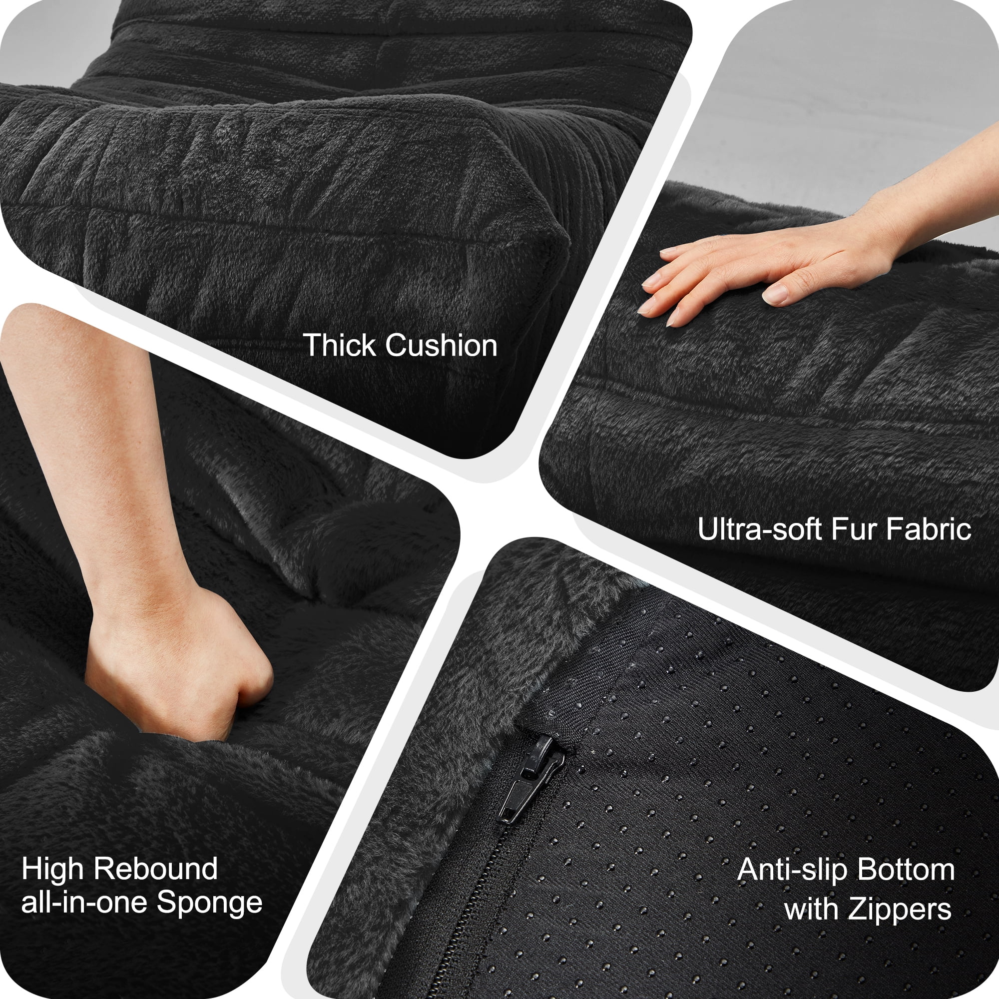 Hobestluk Bean Bag Chairs for Adults Giant BeanBag Chair Sofa Memory Foam Bean Bag Chair Faux Fur Fireside Bean Bags Big Lazy Sofa for Living Room Bedroom Dorm Office (Black Plush)