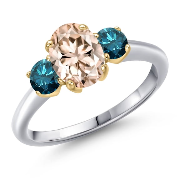 Gem Stone King 925 Silver and 10K Yellow Gold Peach Morganite and Blue Diamond Engagement Ring for Women | 1.54 Cttw | Oval 8X6MM | Gemstone October Birthstone | Size 5