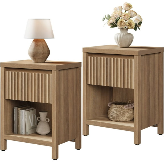 SICOTAS 26" Tall Farmhouse Nightstand Set of 2 with Drawer, Modern Beside Table with Minimalist Fluted Design & Handle-Less Storage Engineered Wood Bed Side Table for Bedroom, Natural Oak