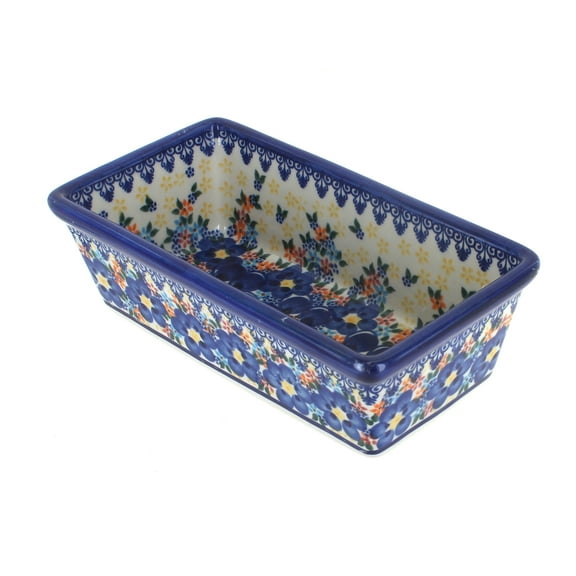 Blue Rose Polish Pottery Blue Dahlia Small Loaf Baker