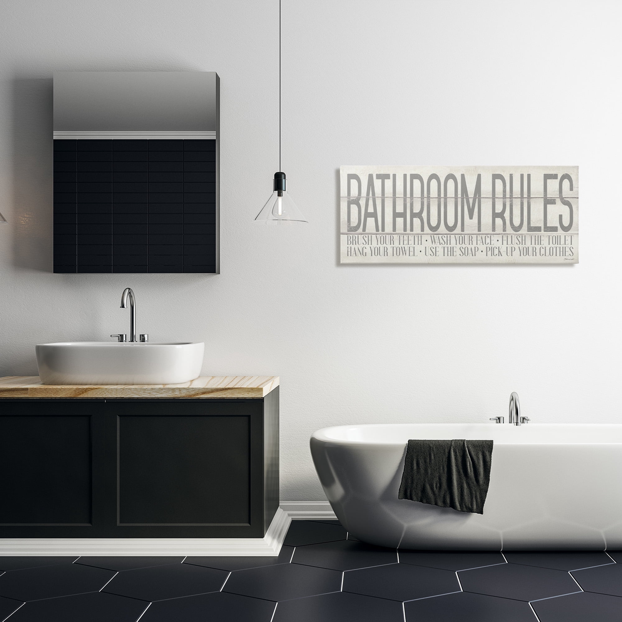 Stupell Industries Planked Style Bathroom Rules Abstract Painting Gallery Wrapped Canvas Art Print Wall Art, 40 x 17