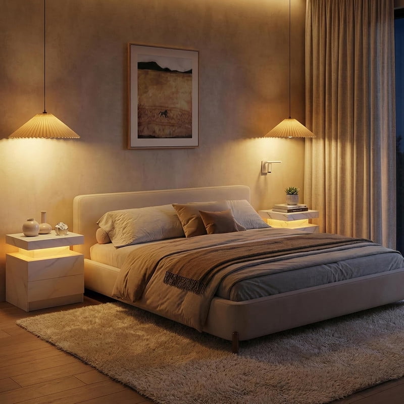 Howcool LED Nightstand, 2 Drawer Bedside Side Table with LED Lights for Bedroom Living Room