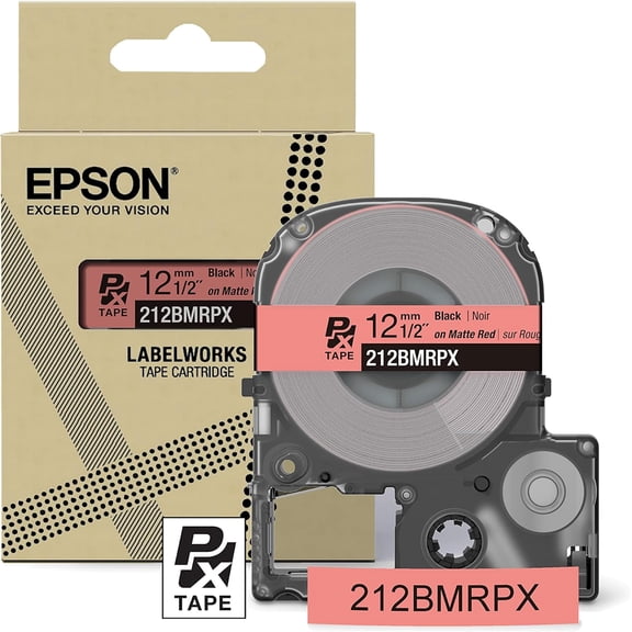 Epson LABELWORKS 212BMRPX - Black on Matte Red PET Label Maker Tape - 1/2" (12MM) Wide, 26'