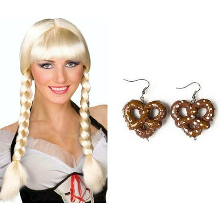 Blonde Bavarian Dutch Braided Wig Pretzel Earrings Inga Oktoberfest Costume Kit