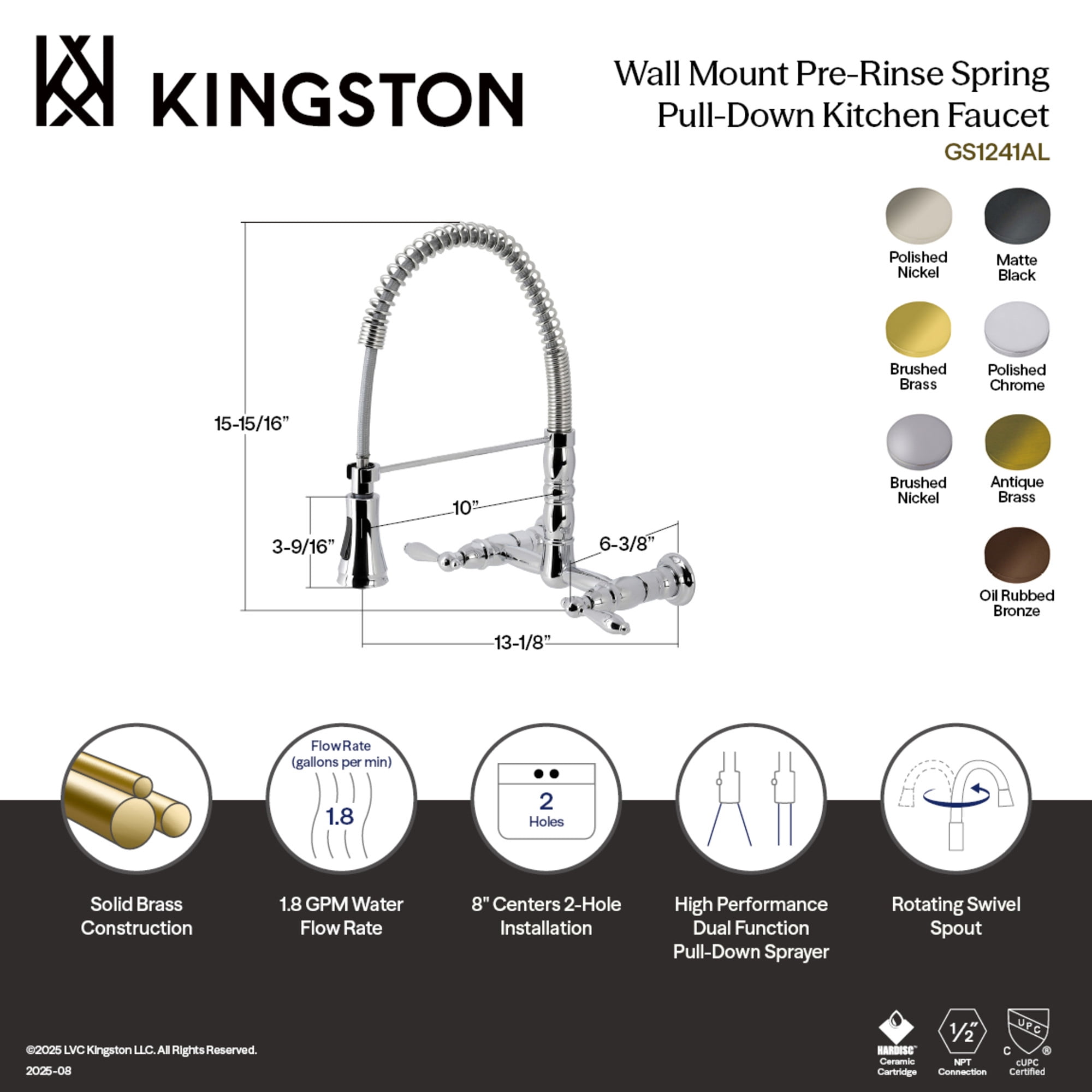 Kingston Brass GS1247AL Heritage Double-Handle 2-Hole Wall-Mount Pre-Rinse Bridge Kitchen Faucet in Brushed Brass