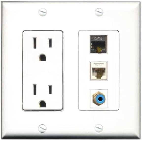 RiteAV - 15 Amp Power Outlet 1 Port RCA Blue 1 Port Shielded Cat6 Ethernet Ethernet 1 Port Cat6 Ethernet Ethernet White Decorative Wall Plate