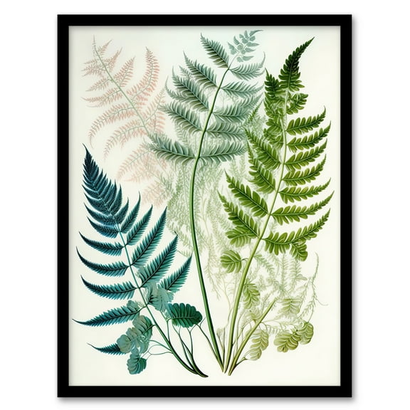 Elegant Fern Fronds Foliage Linocut Artwork Green Teal Pink Bright Botanical Nature Art Print Framed Poster Wall Decor 12x16 inch