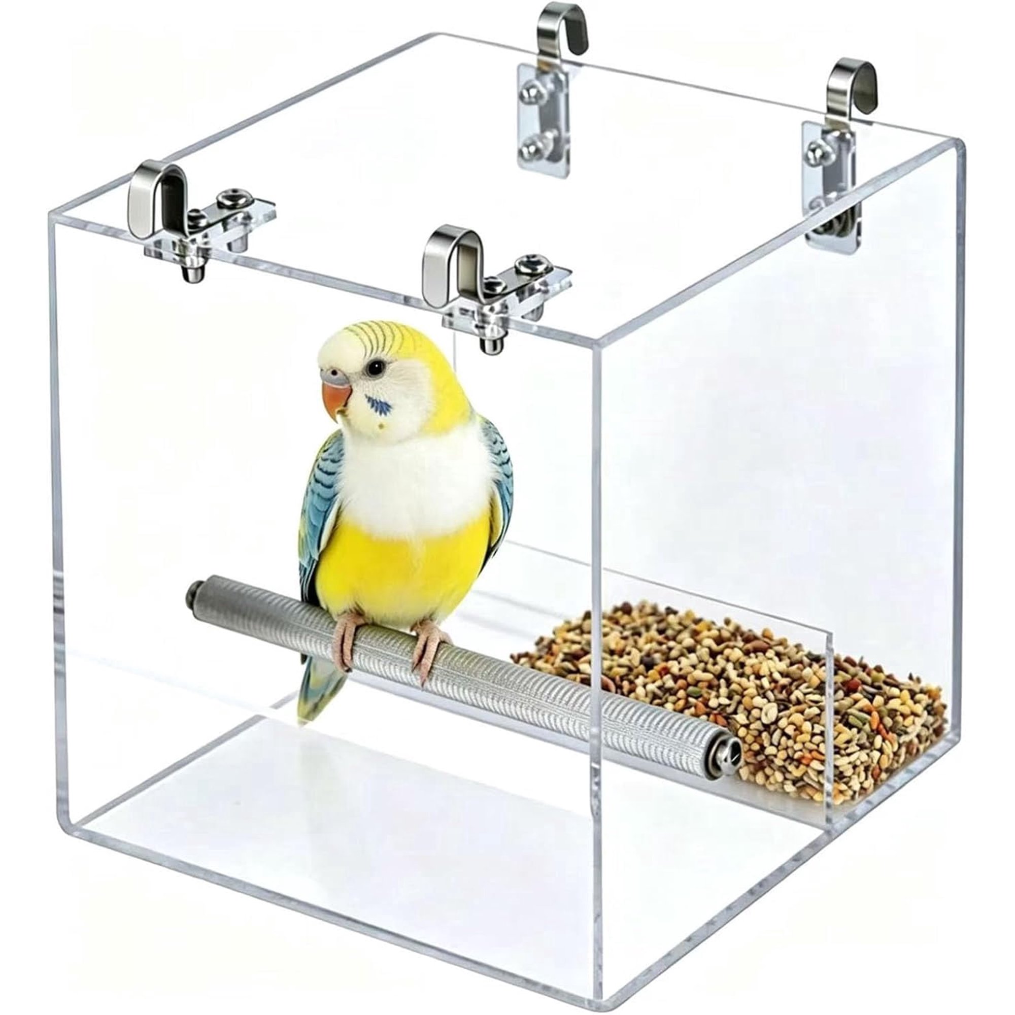 Automatic Acrylic Bird Feeder, No‑Mess Cage Feeder for Small Birds, Anti‑Splash Seed Dispenser, Feeding Station for Parakeet Budgie Finch Canary