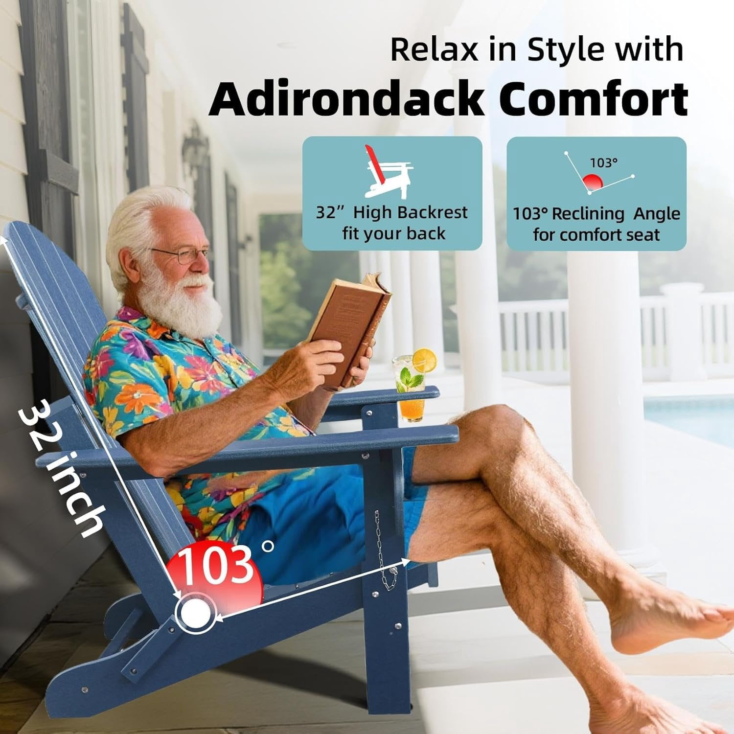 Folding Adirondack Chairs, HDPE Plastic Adirondack Chair with Cup Holder Weather Resistant,  Texture Outdoor Fire Pit Chairs for Patio Garden,Poolside and Deck, Umbrella Hole, Dark Blue