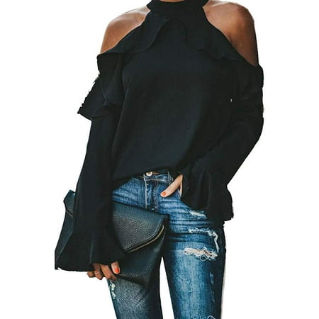 Women's Sexy Halter Cold Shoulder Slim Fit Long Sleeve Tee Tops Loose Blouse Band Collar Elegant Shirt