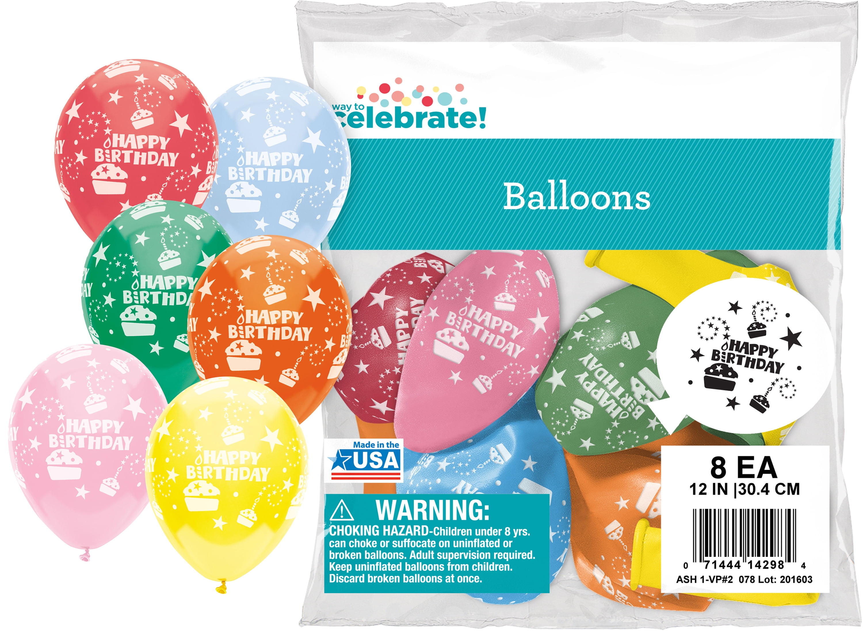 Way to Celebrate Latex Balloons 12" Assorted Happy Birthday 8 Count