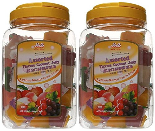NineChef Bundle - Jin Jin Assorted Fruit Lychee Mango Peach Grape Jelly Cups 52.9 oz (Pack of 2) + 1 NineChef Brand Long Handle Spoon