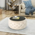 thumbnail image 3 of Table Basse Ottomane en Velours et Verre Trempé Design Capitonné Rond Parfait pour les Salons Glam Beige, 3 of 5