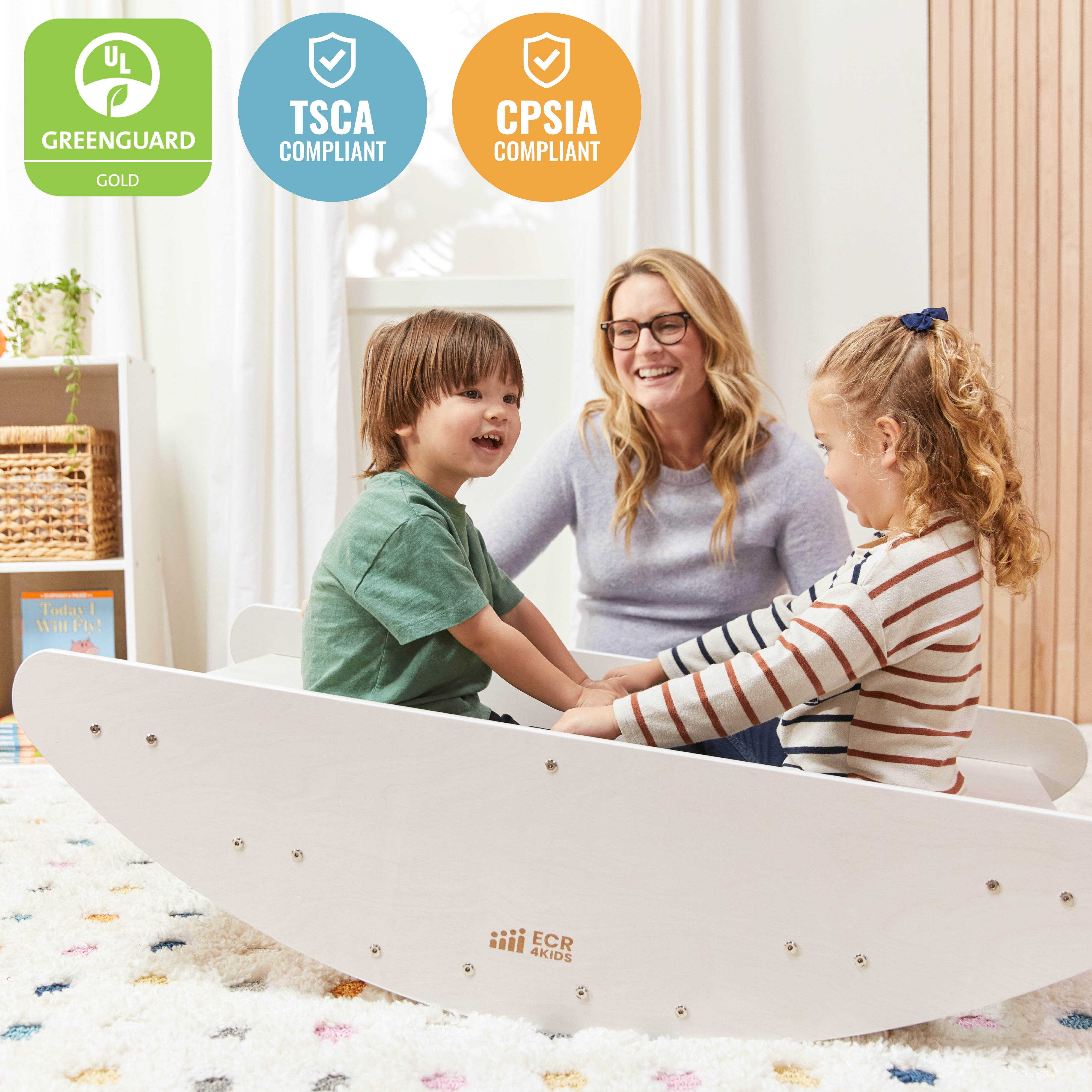 ECR4Kids Wooden Rocking Boat and Steps Play Center, Montessori Furniture, White Wash