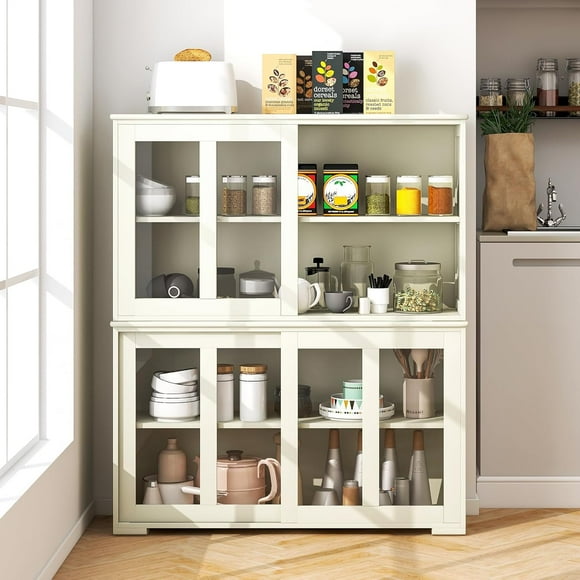 Byroce Sideboard Buffet Cabinet, Stackable Storage Coffee Bar Cabinet w/Adjustable Shelf & Glass Sliding Doors, Wood Cupboard Credenza Console Table for Kitchen Dining Living Room (2, Antique White)