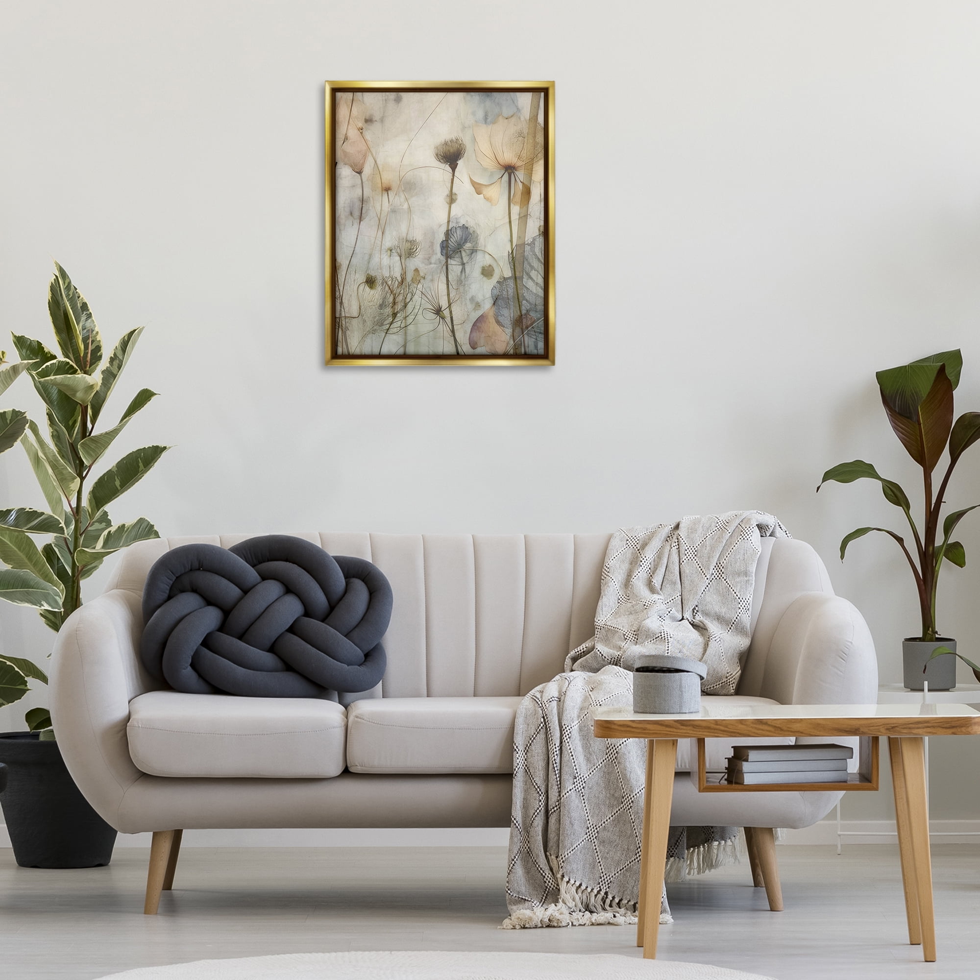 Stupell Industries Subtle Botanicals Pattern Plants & Flowers Painting Gold Floater Framed Canvas Art Print Wall Art, 25 x 31