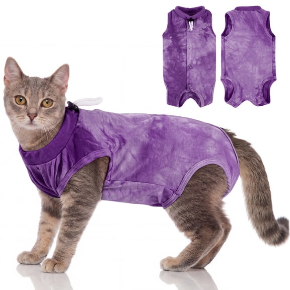 IDOMIK Cat Recovery Suit, Post-Surgery Onesie to Prevent Licking, Cone of Shame Alternative Surgical Spay Suit for Male Female Cat, Purple, M