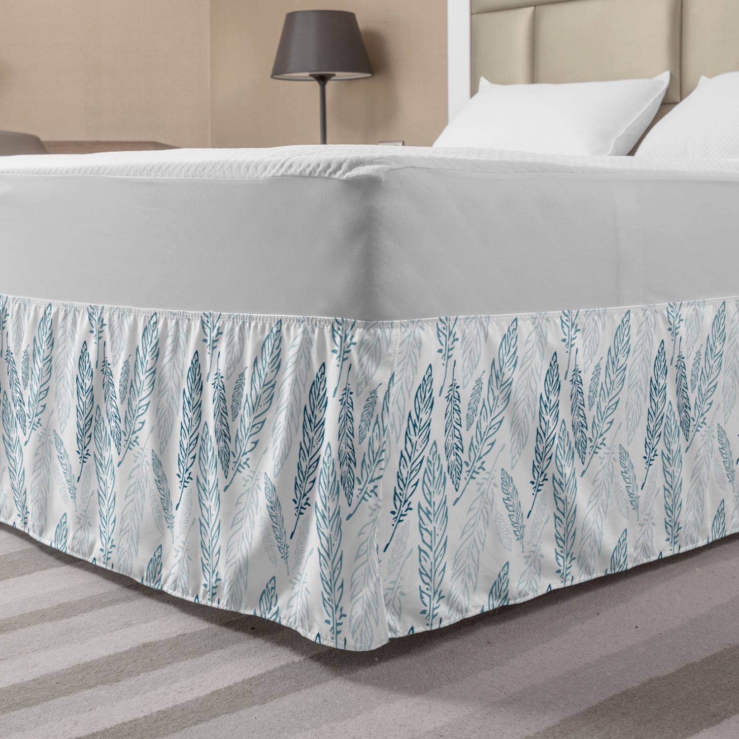 Teal and White Bed Skirt, Pastel Colored Grunge Looking Feathers Flying