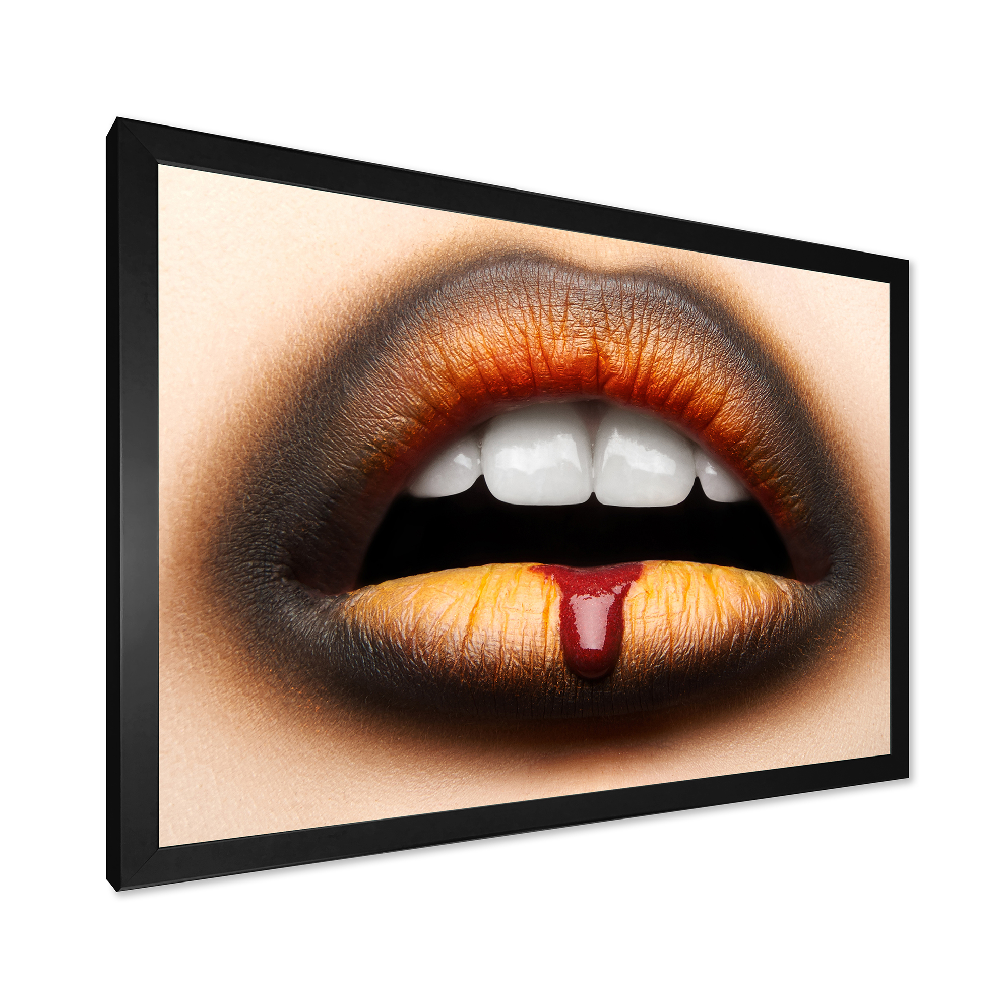 Designart 'Woman Lips With Black & Orange Lipstick' Modern Framed Art Print