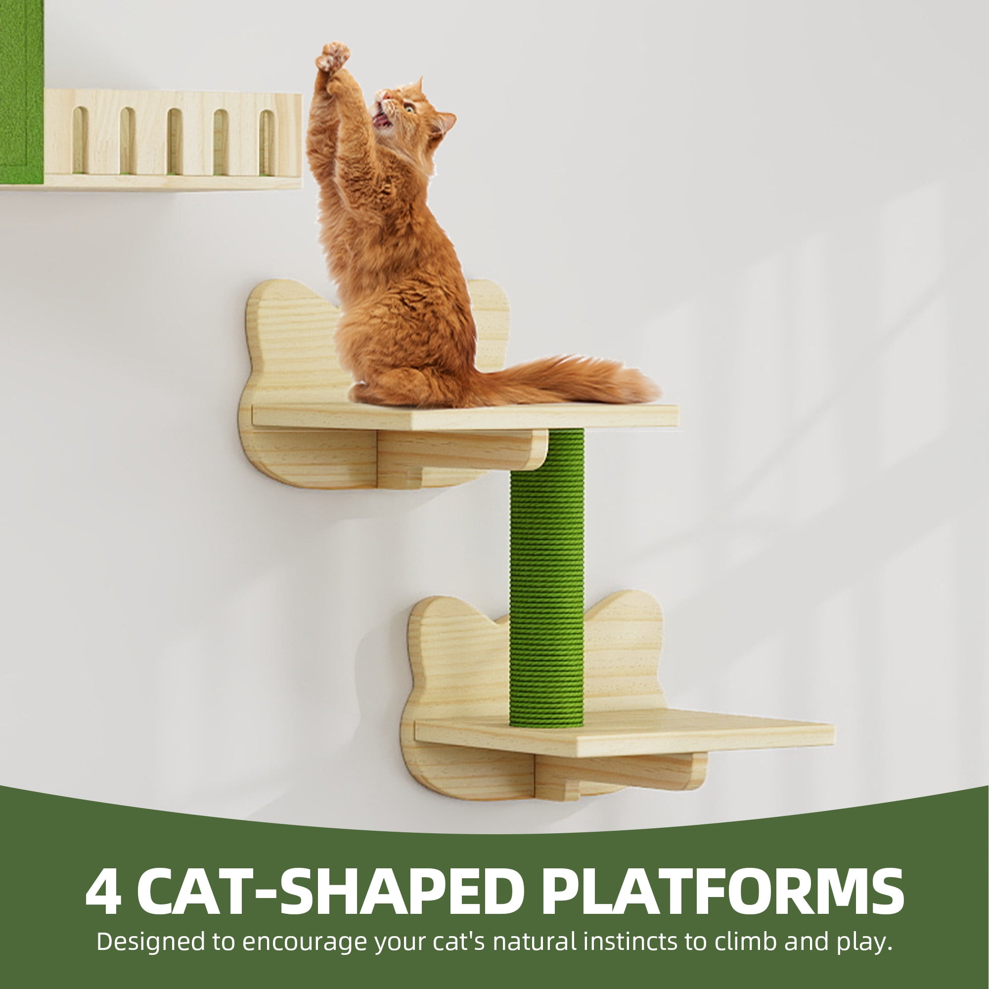 Uforic Cat Wall Shelves and Perches, Wooden Wall-Mounted Cat Furniture Set of 8 with House, 4 Perches, 2 Sisal Posts & Pom-Pom Toy for Indoor, Green & Wood
