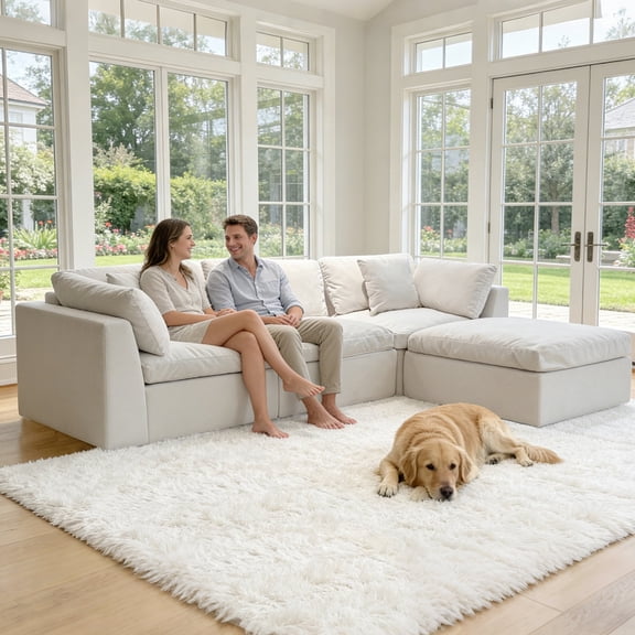 112.5" Cloud Modular Sofa, L-shaped chenille upholstered Boneless sofa with a movable ottoman, deep seat design, no assembly required, suitable for living rooms and bedrooms.