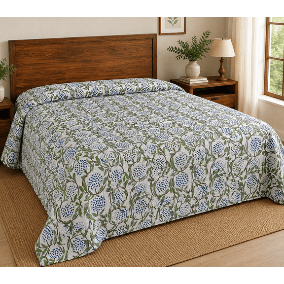 New Indian Cotton Handmade Handblock Quilted Blanket Indian Cotton Indigo Print Bedspread Kantha Work Bohemian Bed Decor Block Throw Blanket
