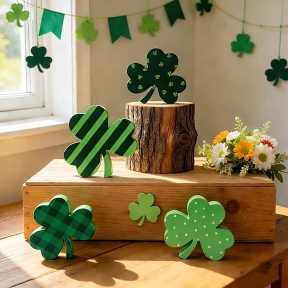 Wooden Shamrock St. Patrick's Day Decorations, Set of 4 Green Clover Tiered Tray Decor, Freestanding Table Centerpiece for Home, Shelf, Office Party