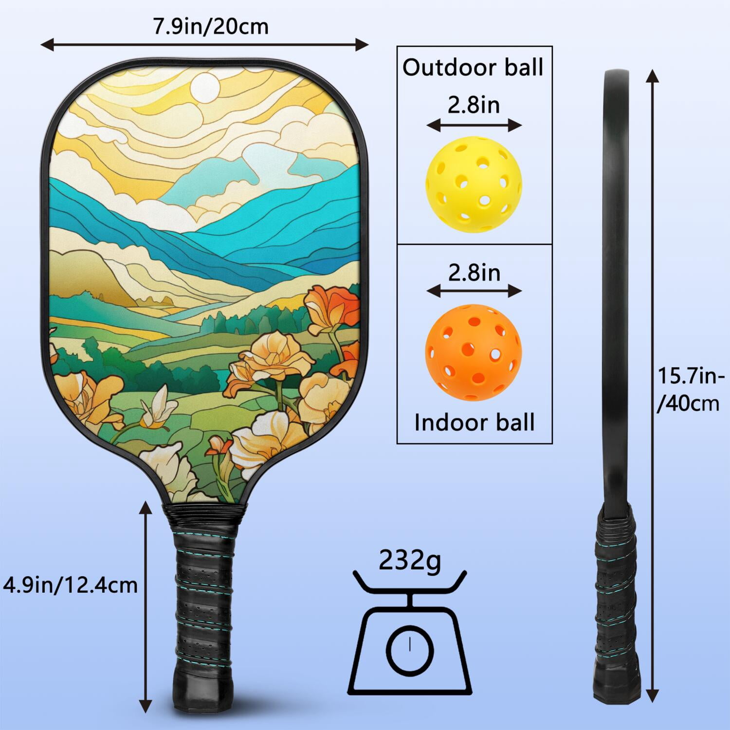 Pickleball Paddles Set Of 1, Fiberglass Surface, Vintage Floral Print, 1 Paddle, 2 Balls & Bag