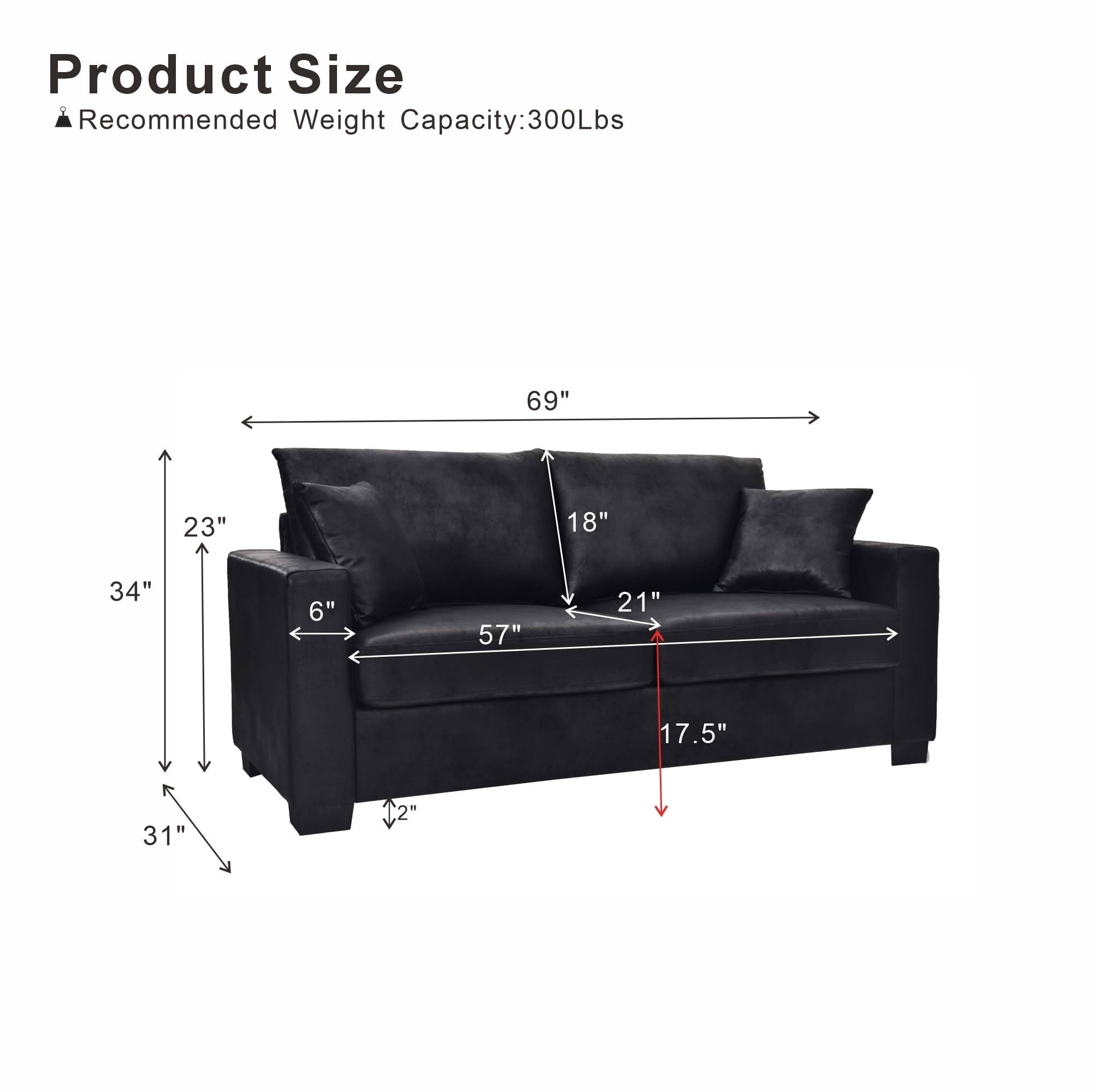 MAYEERTY 69 Inch 2‑Seater Upholstered Sofa, Textured Fabric Couch with 2 Throw Pillows and Plastic Legs for Apartment, Living Room, Home Office