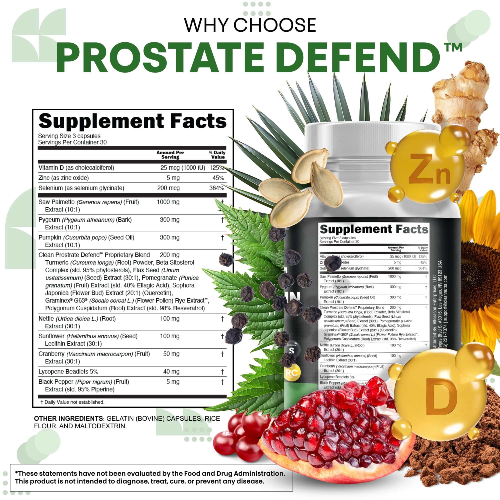 Clean Nutraceuticals Saw Palmetto Pumpkin Seed Oil Pygeum Sunflower Lecithin Stinging Nettle Cranberry - Prostate Supplements for Men with Lycopene - 90 Caps