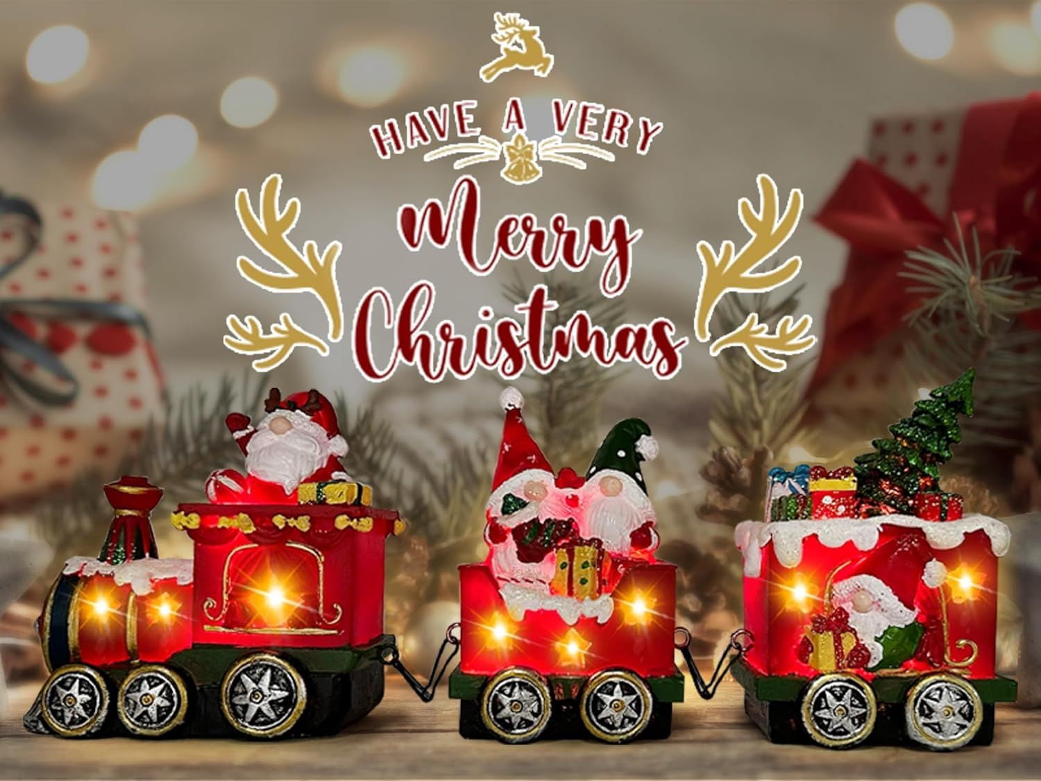 Christmas Gnome Decorations Centerpieces for Tables, Lighted Gnome Christmas Decorations Indoor Snowman Tabletop Decor, Xmas Table Centerpieces for Home, Light Up Train Figurines Table Top
