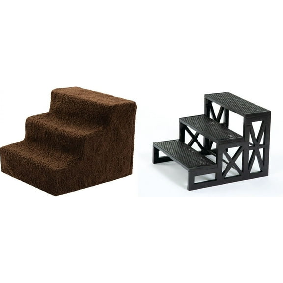 Dog Stairs for High Beds, Indoor/Outdoor, Three Steps for Smaller Pets with Removable and Washable Brown Cover, No Tools Required-IMPROVED