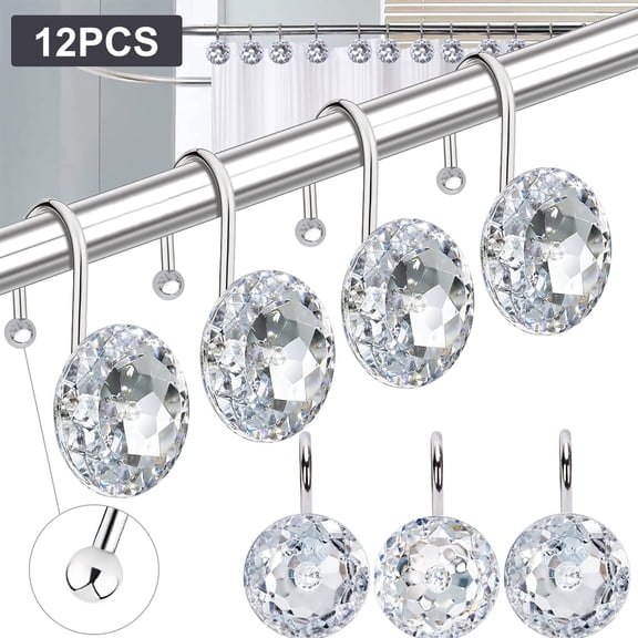 Semfri 12 PCS Shower Curtain Rings Acrylic Decorative Rolling Shower Curtain Rings Diamond Shape Shower Rings Stainless Steel Rust Resistant Decorative Rhinestones Shower Curtain Rings Clear